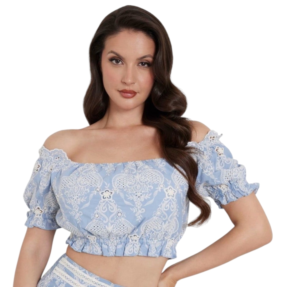 GUESS Chic Lace-Embroidered Blue and White Blouse Size L